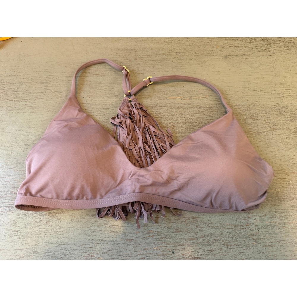 Mauve Fringe T-Back Bikini Top Triangle Swimwear Purple Medium
